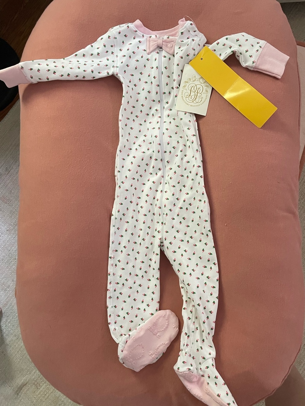 The Beaufort Bonnet Company White Floral Baby Romper with Pink Trim - 3/6M